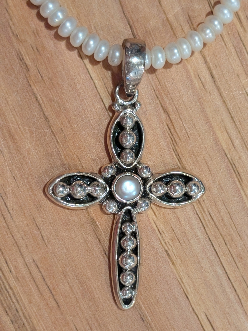 Sterling Silver Pearl Cross Pendant Necklace - White Pearl
